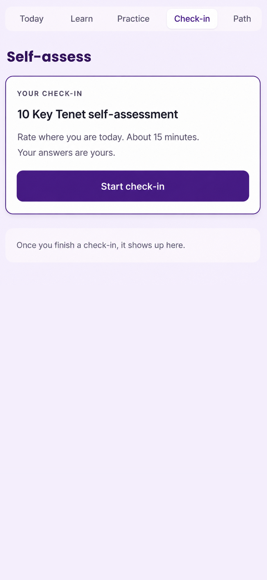 Rebral Learn Check-in screen showing a self-assessment