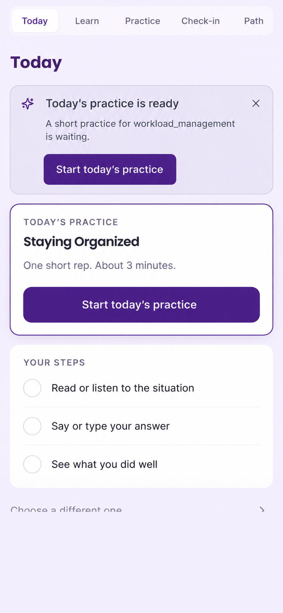 Rebral Learn Today screen showing today's practice and steps