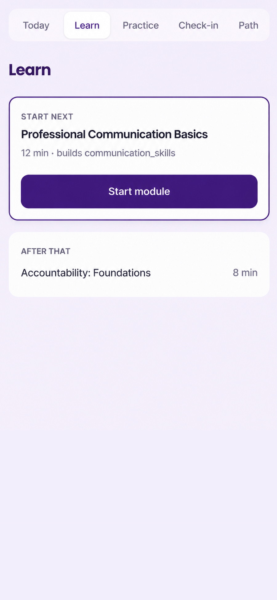 Rebral Learn Learn screen showing a professional communication module