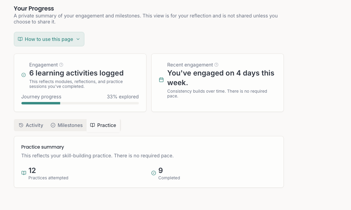 Rebral Learn progress view showing engagement, journey progress and practice completion.